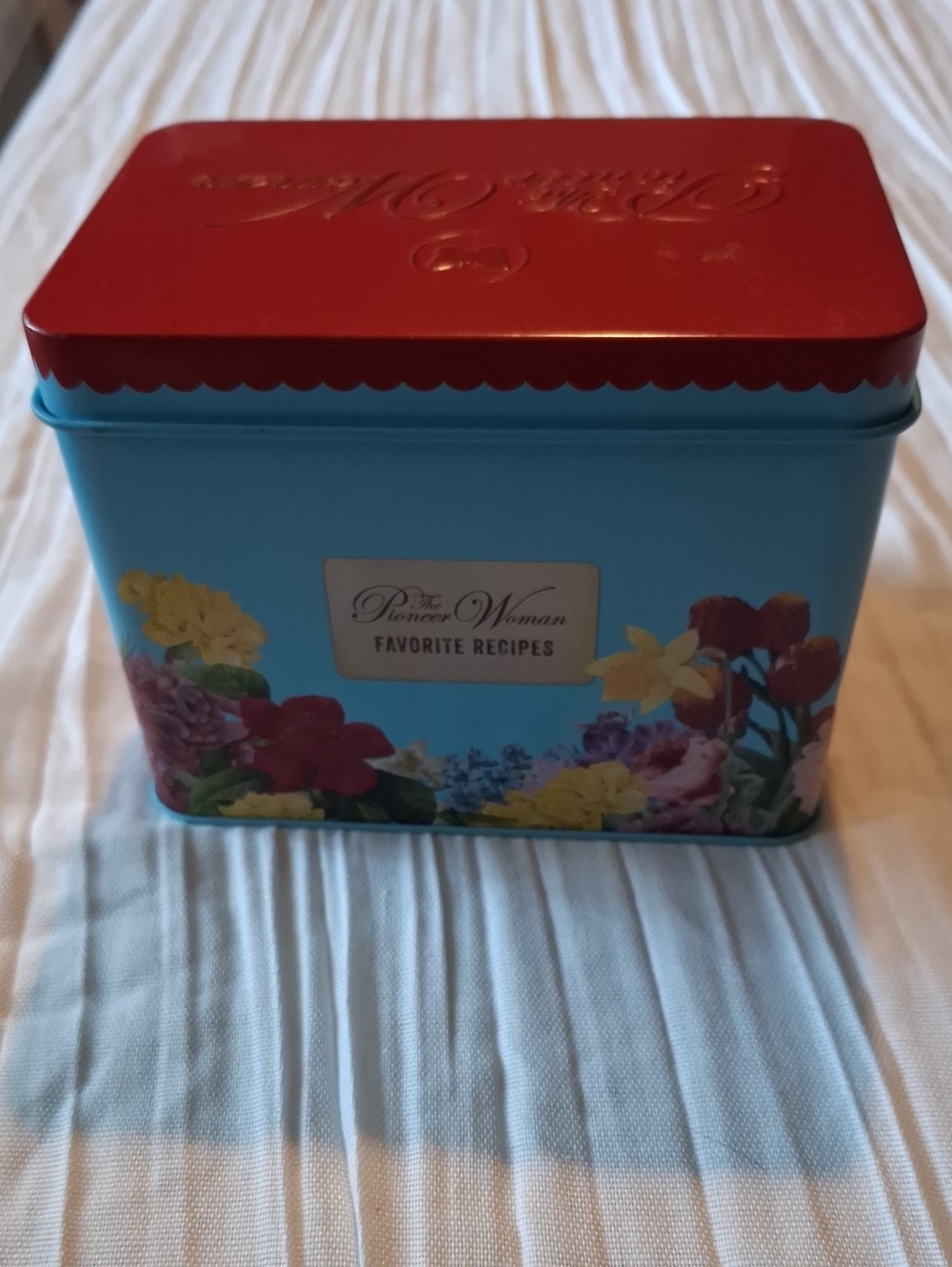 The Pioneer Woman Blue Tin with Red Lid and Floral Design